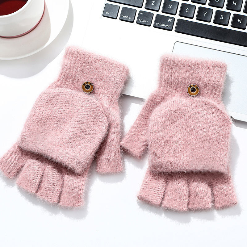 翻蓋毛絨手套女冬季韓版保暖學生露指頭戶外手套加厚騎車針織手套