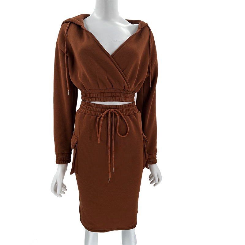 Women's Skirt Suit V Neck Hooded Solid Colour Long Sleeve Set_voghion.com