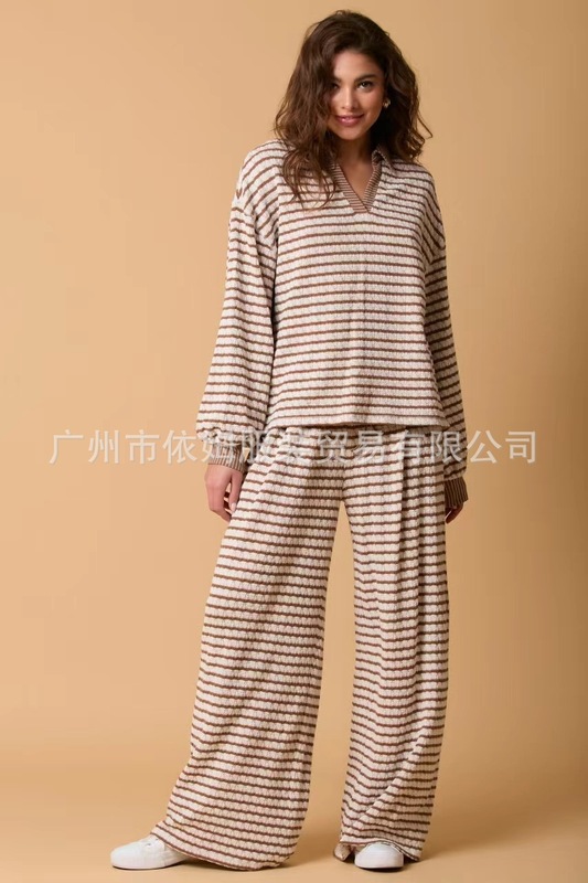 アマゾン秋冬新作欧米越境2色ストライプ長袖長ズボン2点セットファッションカジュアルスーツ女性|undefined