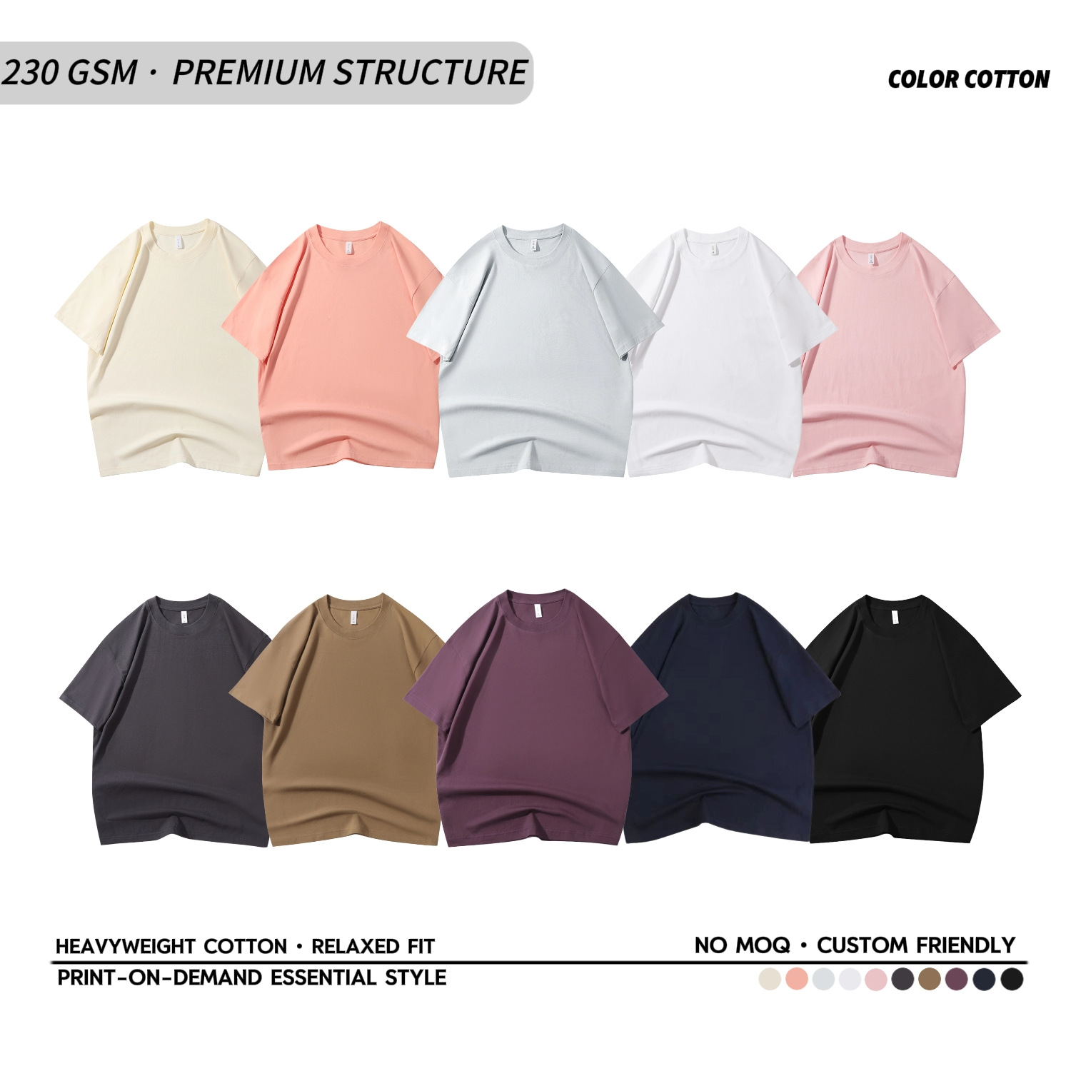 230g Heavyweight Off-Shoulder Pure Cotton Short-Sleeved T-Shirt Couple Pure Color Top Casual Loose Bottoming Shirt Pure White T-Shirt for Men