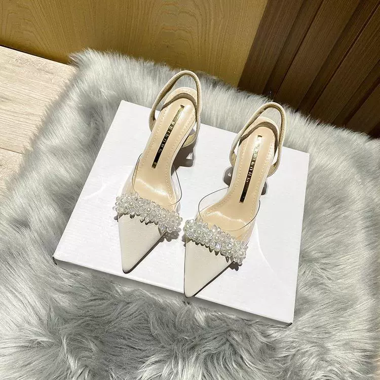 Красота на высоком каблуке Баотоу сандалии женская весна лето 2024 новый французский прозрачный остроконечный каблук со стразами