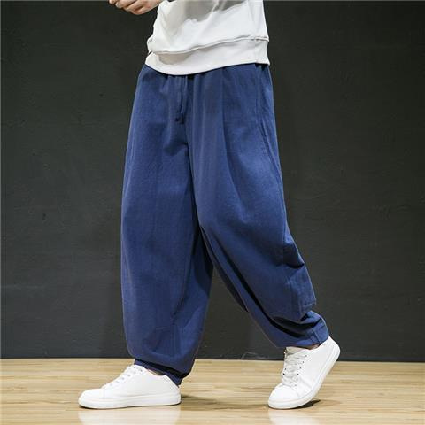 Pantalones largos de lino sueltos de primavera y otoño de estilo chino, pantalones largos de pierna ancha de talla grande más gordos, pantalones harem casuales de algodón y lino