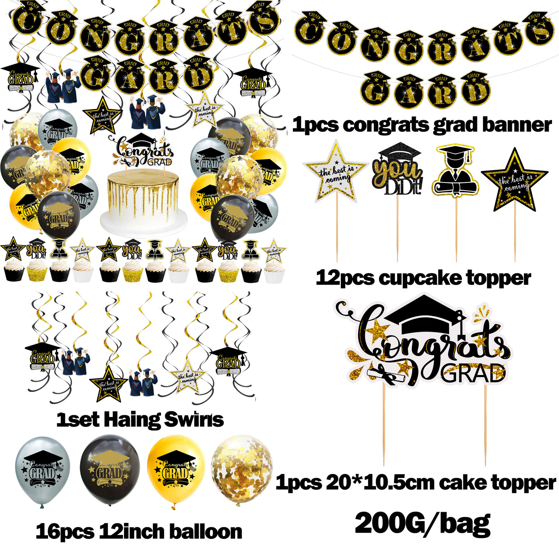 Temporada de graduación de Oro Negro tema Fiesta tire bandera espiral decoración aula foto pared graduación temporada fiesta globo Decoración
