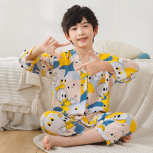 棉绸睡衣儿童家居服空调服V领长袖男童女童宝宝夏季服装童装棉夏