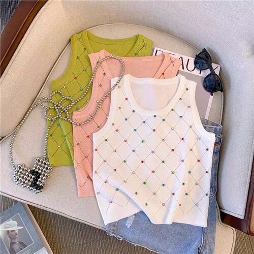 Ladies' Small French Style Strapless Backless Top, Summer Bestselling Diamond-embellished Sleeveless Round Neck Bodycon Top