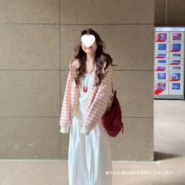 跨境秋季粉白条纹开衫帽衫韩系慵懒感国潮宽松百搭外套卫衣图片色