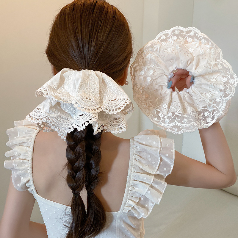 Gran tamaño de arroz blanco punto de onda de hilo de red de cabello de intestino grueso para mujeres de alto nivel de sensación de cuerda de cabello de bola de cabello de atmósfera de sensación de cabello de flores