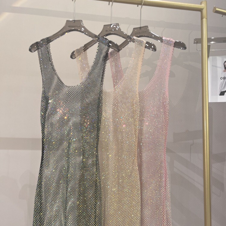 Shiny rhinestone party dress sexy perspective hollow dress crew neck sleeveless dress club