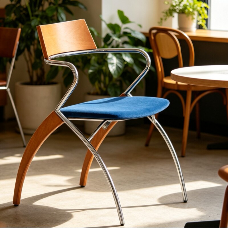 Bauhaus Vintage Designer Dining Chair for Cafes and Milk Tea Shops, Commercial Use, with Armrests, Soft Upholstery, and Solid Wood Backrest Bauhaus Vintage Designer Dining Chair for Cafes and Milk Tea Shops, Commercial Use, with Armrests, Soft Upholstery, and Solid Wood Backrest