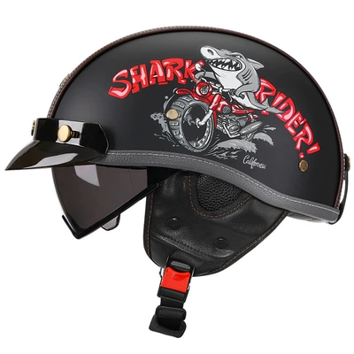Retro Motorcycle Helmet Leather Helmet for, Motosiklet kaskı (dəbilqə) - yahei-shark-bully-tea-mirror-m