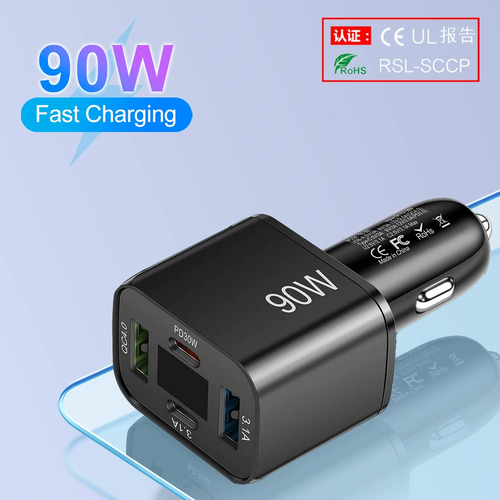 Зарядное устройство USB-C автомобиль для телефона 4 порта с LED-индикатором напряжения быстрая зарядка для мобильного телефона автомобильной зарядки