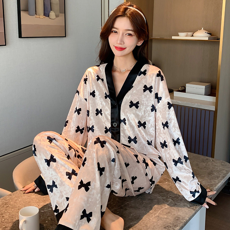 엄밀히 선정 된 INS 골드 다이아몬드 벨벳 파자마 여성용 가을과 겨울 긴 소매 캐주얼 투피스 세트 기모 여성용 홈 의류