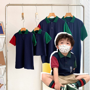 Parent-child summer 2025 new mother-daughter dress foreign-style family of three polo shirt stitching short-sleeved T travel