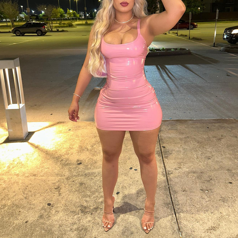 European and American Women's Sexy Tube Top PU Leather Hip Skirt U-shaped Low Collar Skirt Backless Strap Dress Wholesale 8942