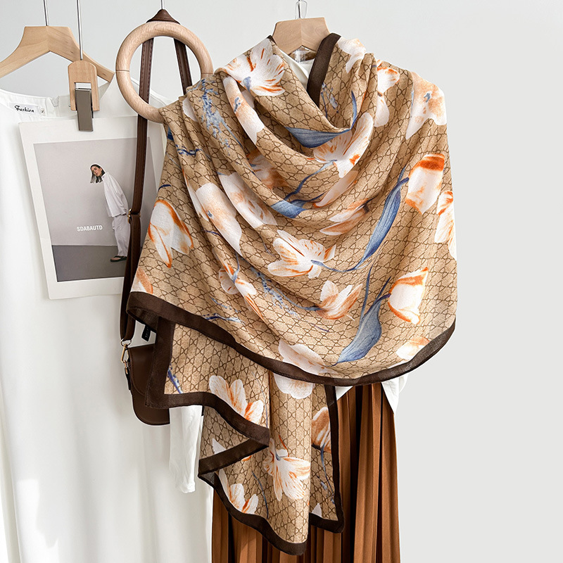 Nueva seda impresa bufandas delgadas bufandas de algodón y lino mujeres otoño y invierno de alta sensación larga chal cálido image 9