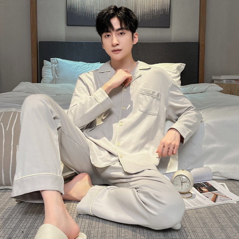 Long Sleeve Class A Men's Pure Cotton Cardigan Lapel Autumn and Winter Pajamas Casual Loose Young Men's Pants Home Long Sleeve Class A Men's Pure Cotton Cardigan Lapel Autumn and Winter Pajamas Casual Loose Young Men's Pants Home