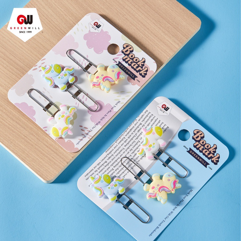 Unicornio de dibujos animados clips marcadores de libros de estudiantes carpeta de páginas adorable suministros de oficina pequeños regalos escolares pegamento suave