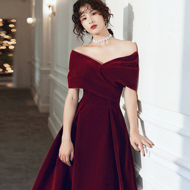 Toast Dress Bride's Wedding Engagement Wine Red off-shoulder Large Size Pregnant Women's Belly Covering Small Figure Slimming Evening Dress