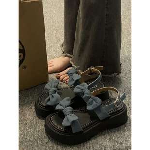 Thick-soled Joker with Skirt Denim Style Sandals Fairy Style 2025 Summer New Arrival Bow Roman Sandals