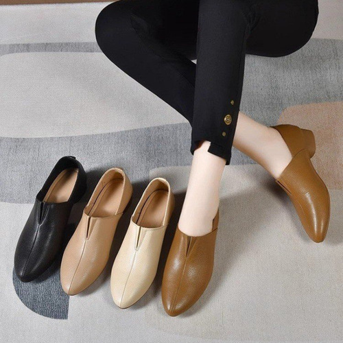 2026 spring new soft leather flat women's shoes, women's deep-cut single-layer shoes, thick heel leather low-heel mother's shoes