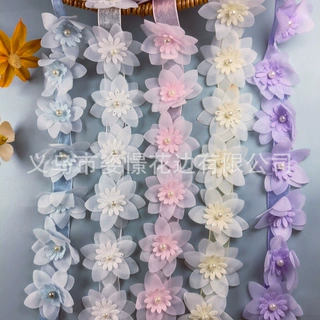 欧根纱手工花朵钉珠新品现货供应服装鞋帽打底裤配饰条码蕾丝花边