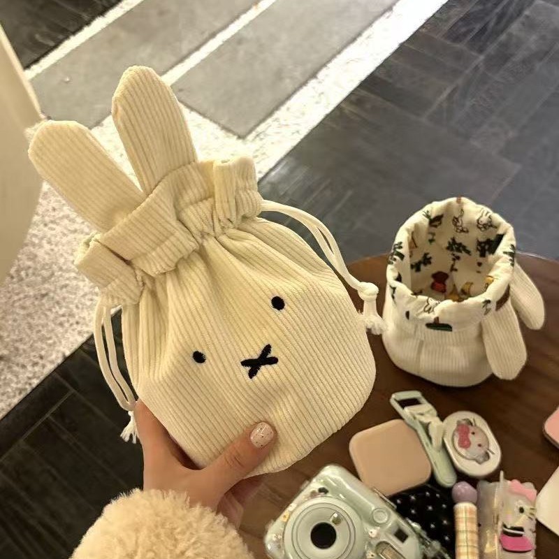 New Corduroy Miffy Drawstring Bag, Cute and Portable, Large Capacity Storage Bag, Makeup Bag, Drawstring Clutch Bag for Women