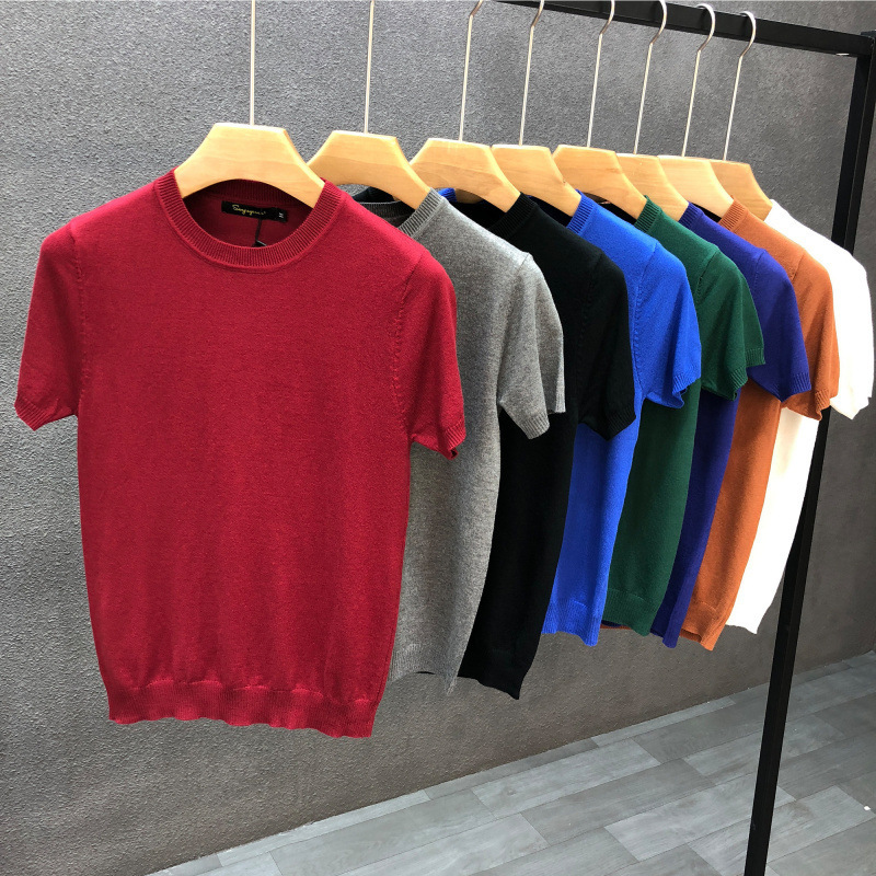 Camiseta de hombre de manga corta de punto de verano Camiseta de solapa de trabajo de color sólido delgado de estilo coreano Camiseta elástica delgada de moda al por mayor
