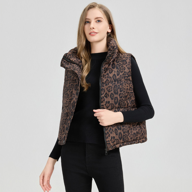 Algodón chaleco de mujer 2025 otoño y invierno estilo europeo y americano estampado leopardo grueso corto chaleco de algodón sin mangas chaqueta de hombro de algodón image 2