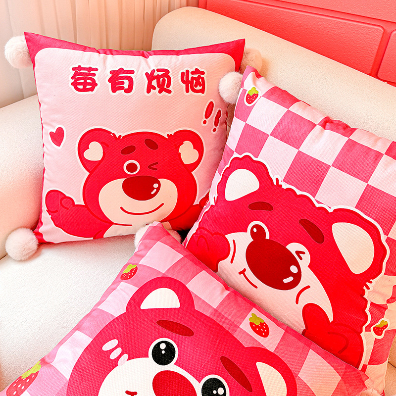 Happy Strawberry Bear Almohada de dopamina Funda de almohada Sofá de sala de estar Almohada de cintura abstracta con estampado de cabecera Bola de pelo