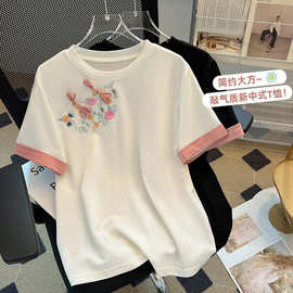 新中式国风白色短袖T恤女2024年新款夏季欧货高级感圆领棉上衣