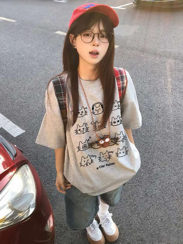 美式复古灰色纯棉短袖t恤女夏2025新款设计感小众宽松半袖上衣潮|undefined