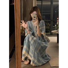 民族風刺繍ボヘミアンミディアムロングワンピースレディース半袖レトロ夏三亜リゾートビーチロングスカート