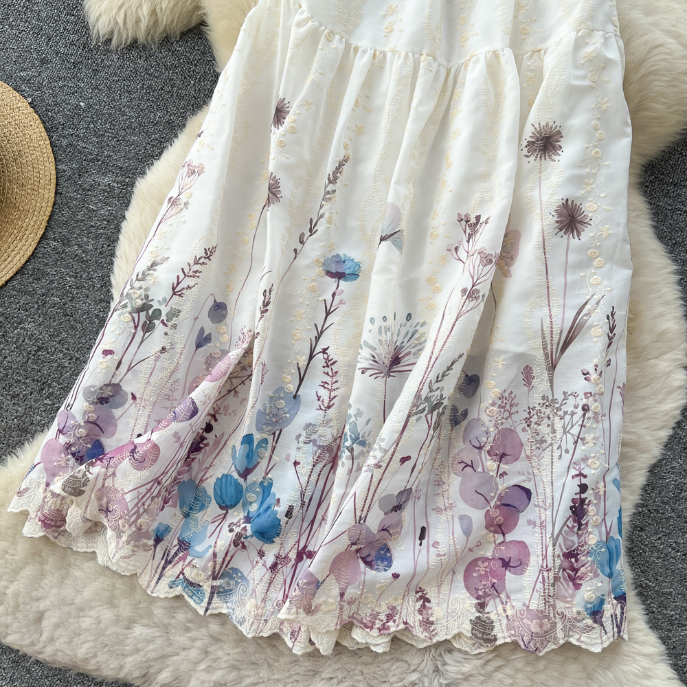 Women's French Sweet Style Floral Print Patchwork A-Line Midi Skirt High Waist Slimming mid Length Summer Fairy like Cake Skirt_ecoleips.com