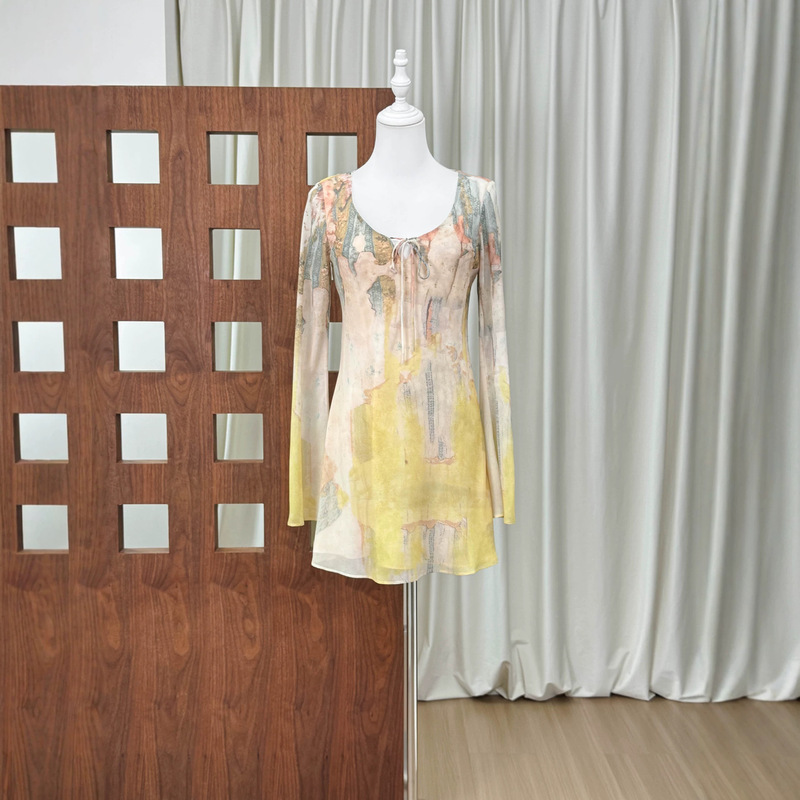 Early autumn vintage design muse resort-style oil painting chiffon print bell-sleeve A-line waist-cinching elegant dress
