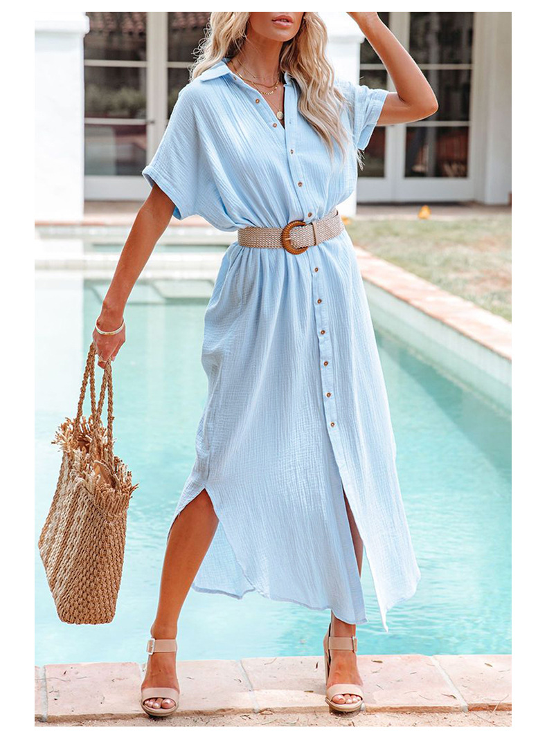 Solid Color Shirt Women Simple Summer Long V-neck Single Breasted Short Sleeve Cardigan Shirt Women 5 Solid Color Shirt Women Simple Summer Long V-neck Single Breasted Short Sleeve Cardigan Shirt Women