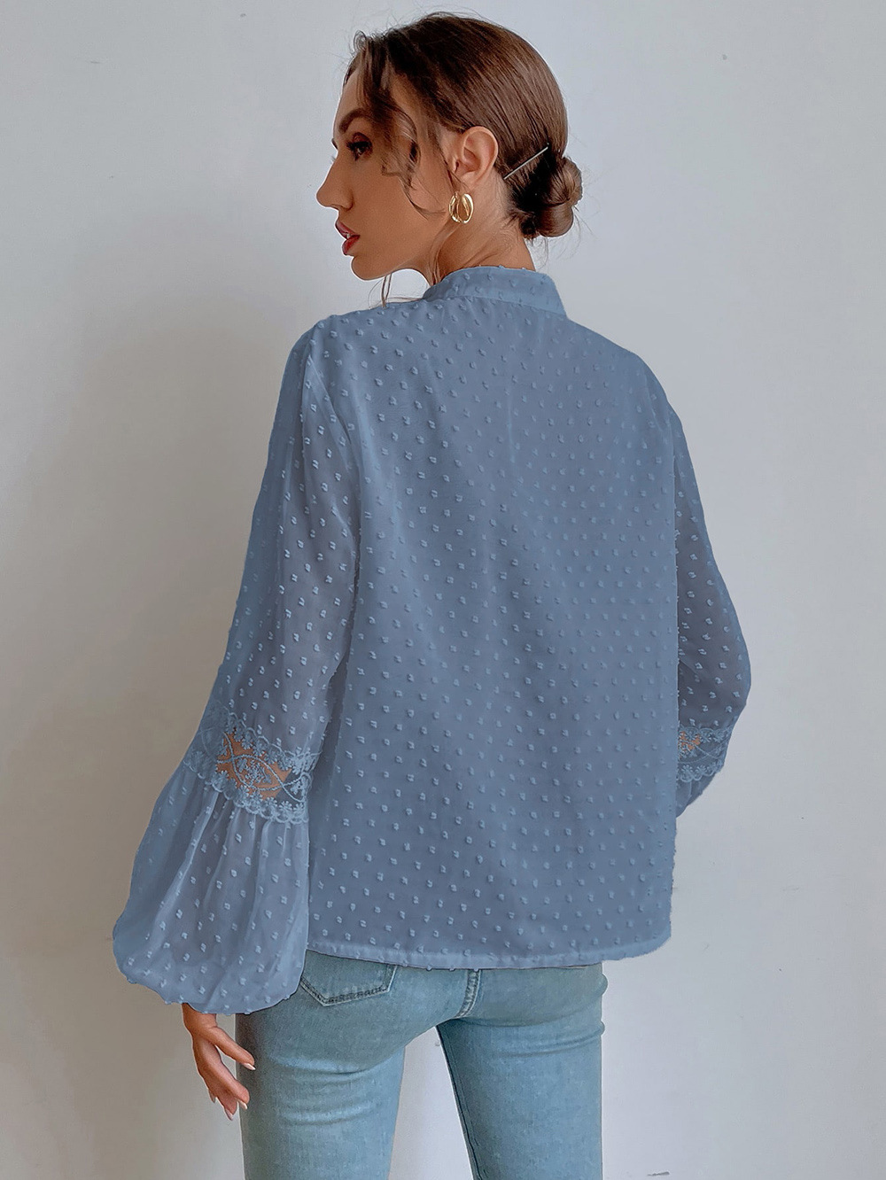 long sleeve Polka Dot Chiffon Lace Patchwork Loose top NSNCK137159