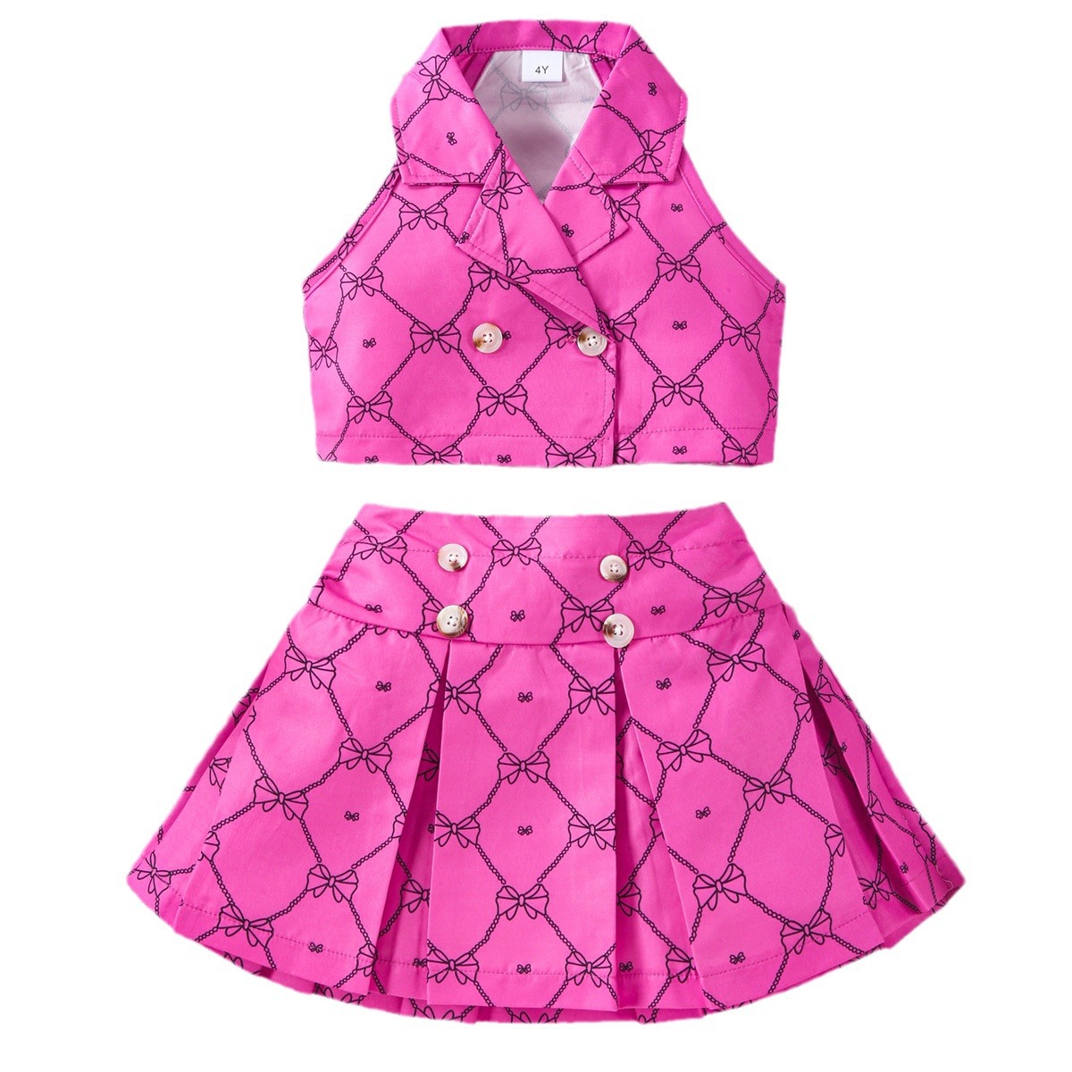 2024 nuevas niñas moda personalizada impreso traje solapa moda sin mangas chaleco Top + Falda plisada