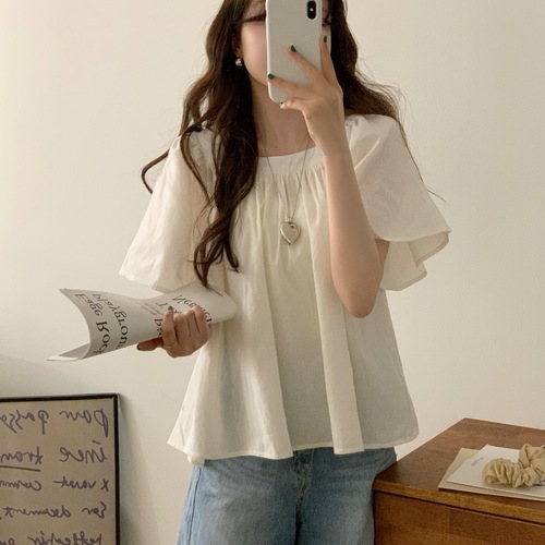 Korean chic temperament niche elastic pleated square neck short loose wide trumpet sleeve short-sleeved shirt blouse for women 