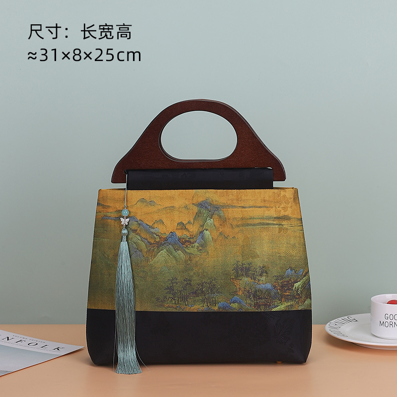 千里江山図手作り布 DIY 材料バッグハンドバッグ竹ハンドルリップ型口ゴールドバッグ未完成品|undefined
