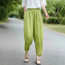 古咖服饰夏季苎麻双层小脚裤女松紧腰宽松显瘦哈伦裤气质九分麻裤