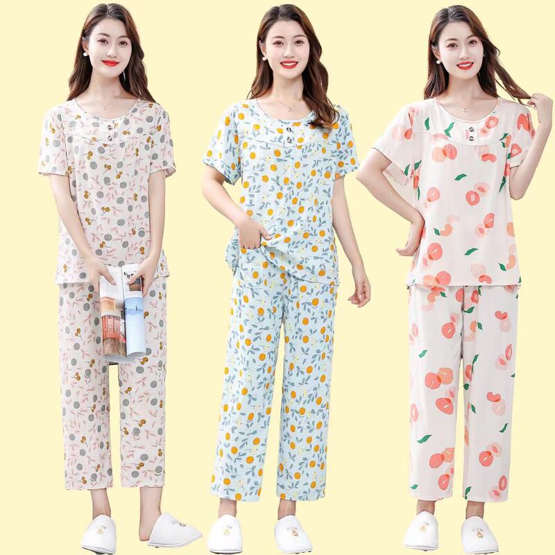 Middle-aged and elderly mothers wear artificial cotton short-sleeved trousers home wear two-piece cotton silk pajamas women's summer thin suit Middle-aged and elderly mothers wear artificial cotton short-sleeved trousers home wear two-piece cotton silk pajamas women's summer thin suit