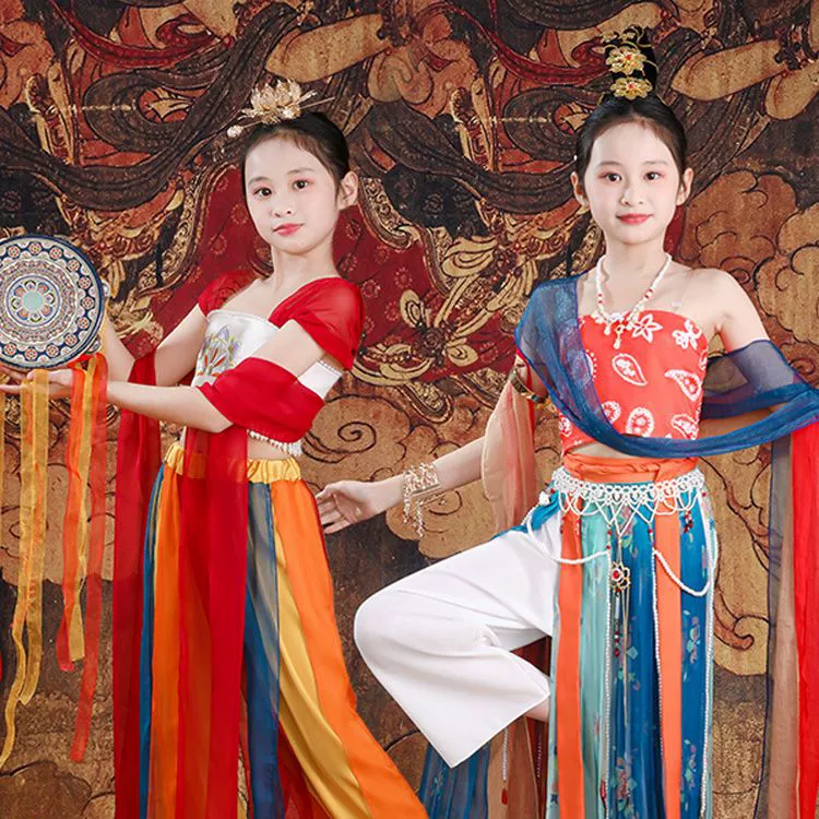 Детская одежда для летающих танцев Дуньхуан, одежда для выступлений для девочек, летающих на Луну, одежда для выступлений, экзотических классических танцев, одежда для выступлений Пипа