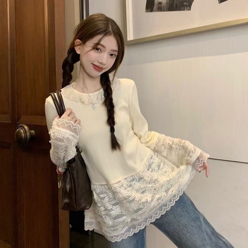 Women's Autumn and Winter Base Layer Long-Sleeve T-Shirt with Lace Trim, Unique Design, American Style, Trendy Outerwear Women's Autumn and Winter Base Layer Long-Sleeve T-Shirt with Lace Trim, Unique Design, American Style, Trendy Outerwear