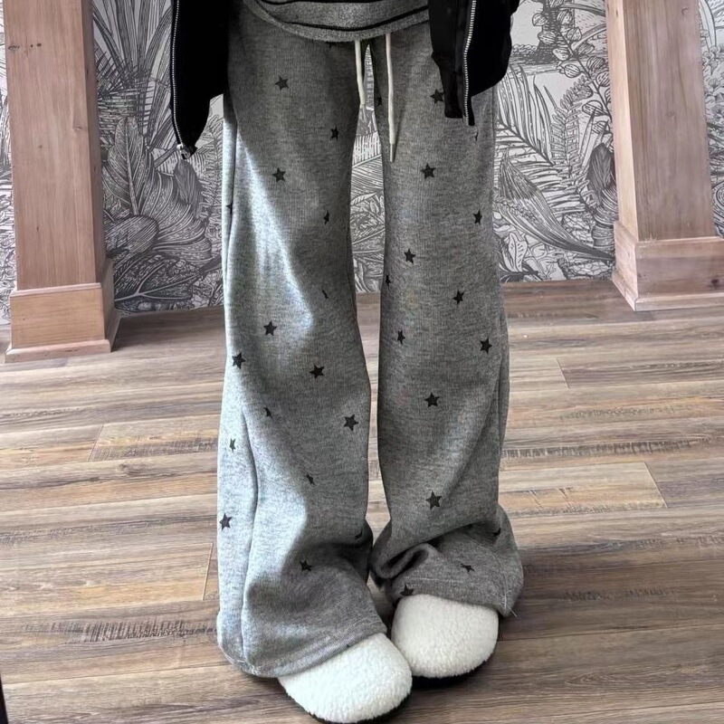 Star Print Casual Gray Mochi Pants for Women 2026 Autumn and Winter New Style Loose Slimming Versatile High-Waisted Wide-Leg Long Pants