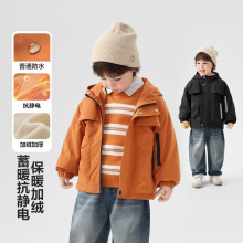 右欧男童加绒连帽外套冬季2025新款儿童宝宝小童童装冬款仿冲锋衣