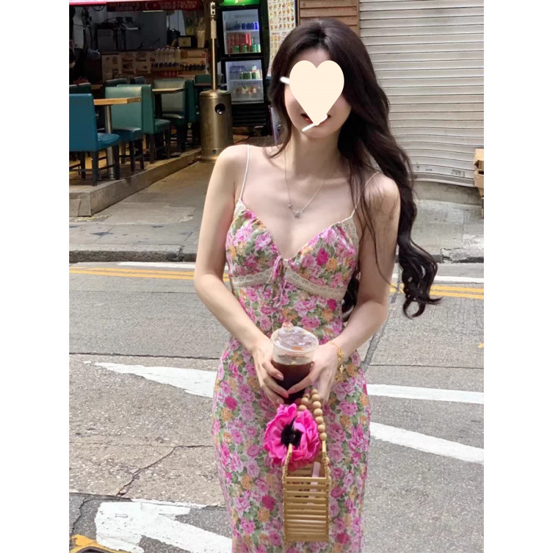 티 브레이크 프렌치 서스펜더 꽃무늬 드레스 여성 여름 2025 새로운 스타일 작은 해변 휴가 비치 롱 드레스