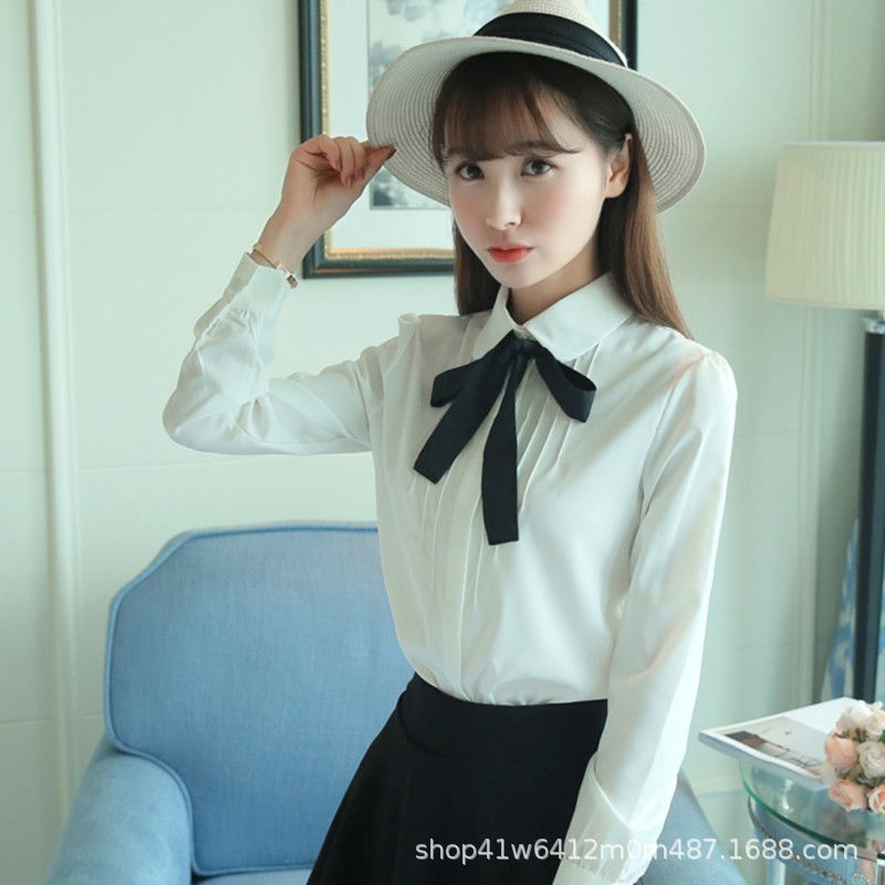 新款女装 衬衫学生韩版长袖衬衣春 系带蝴蝶结娃娃领上衣女式衬衫