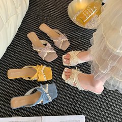 法式温柔气质一字凉拖女2025夏季新款蝴蝶结拖鞋外穿休闲时尚女鞋