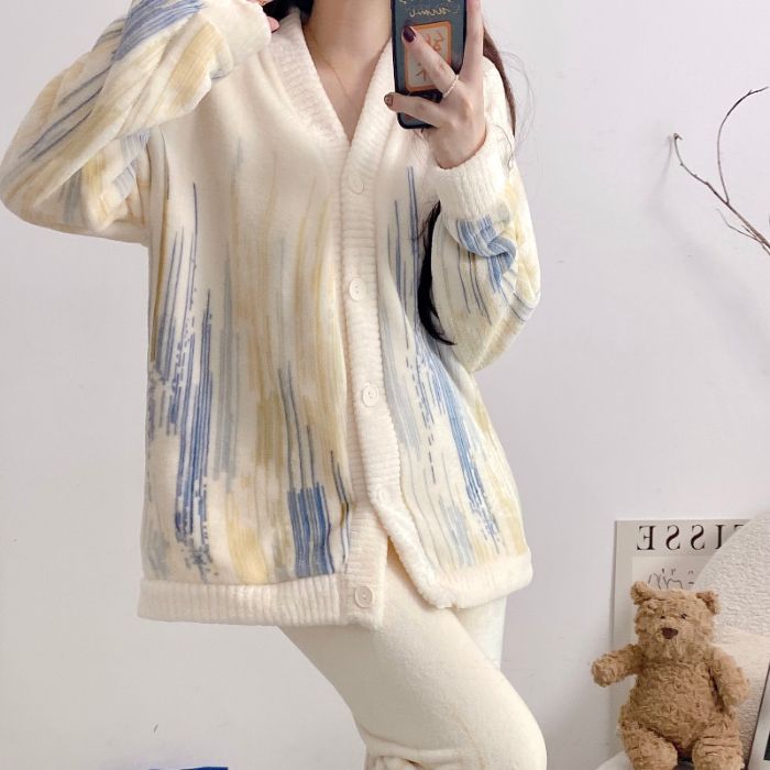 220 jin transfronterizos al por mayor tamaño M - 6XL pijamas de franela de invierno Cardigan con camisa de lana gruesa set de ropa para el hogar
