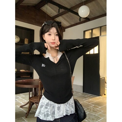 Sweet and Spicy Unique Embroidered Long-Sleeve Knit Top for Women - Early Autumn New Arrival Slimming and Elegant Layering Design - Black